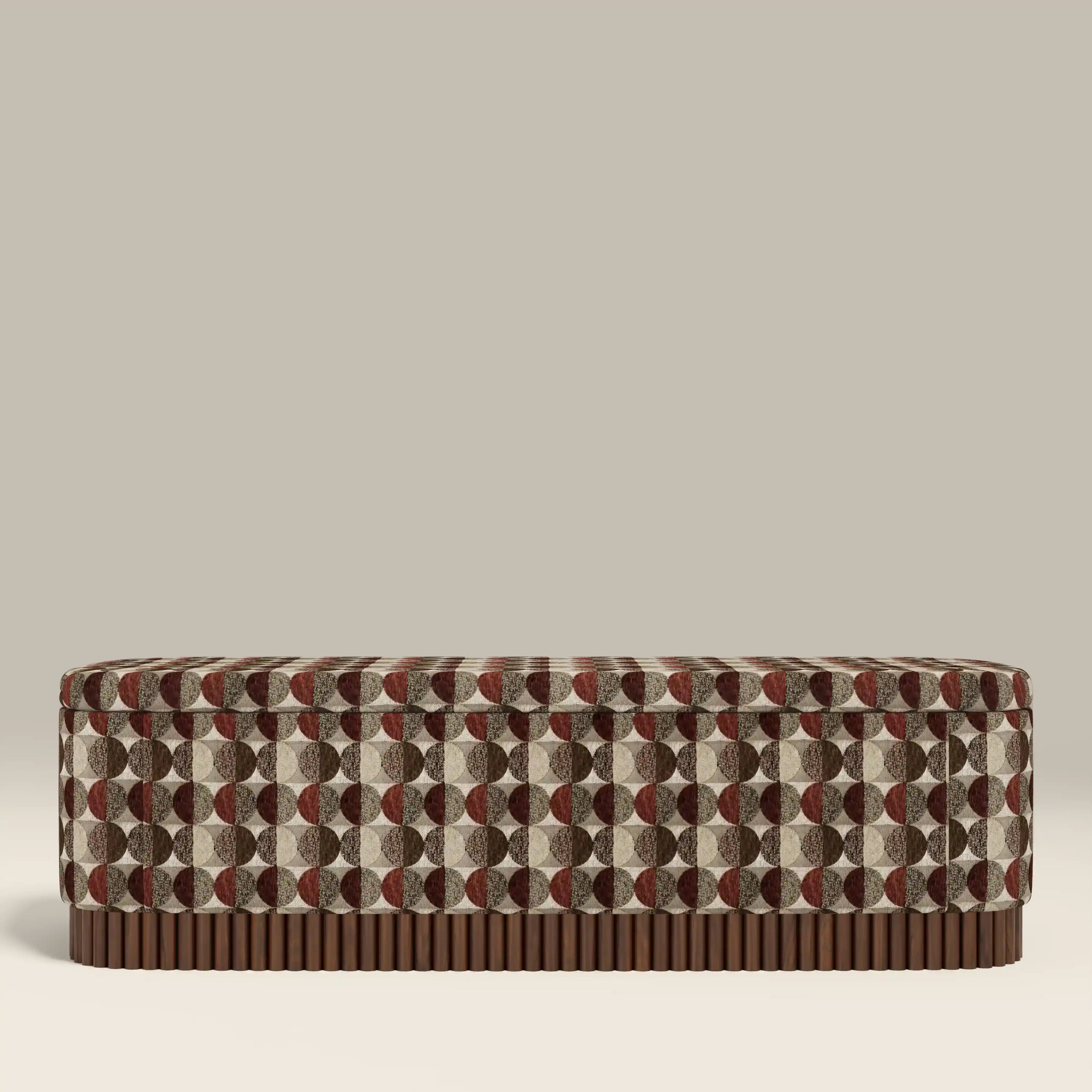 Oberon Storage Ottoman | Multicolour Orbis Patterned Fabric & Walnut