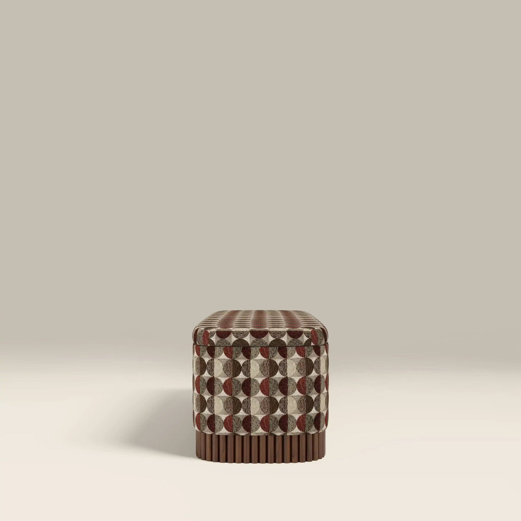 Oberon Storage Ottoman | Multicolour Orbis Patterned Fabric & Walnut