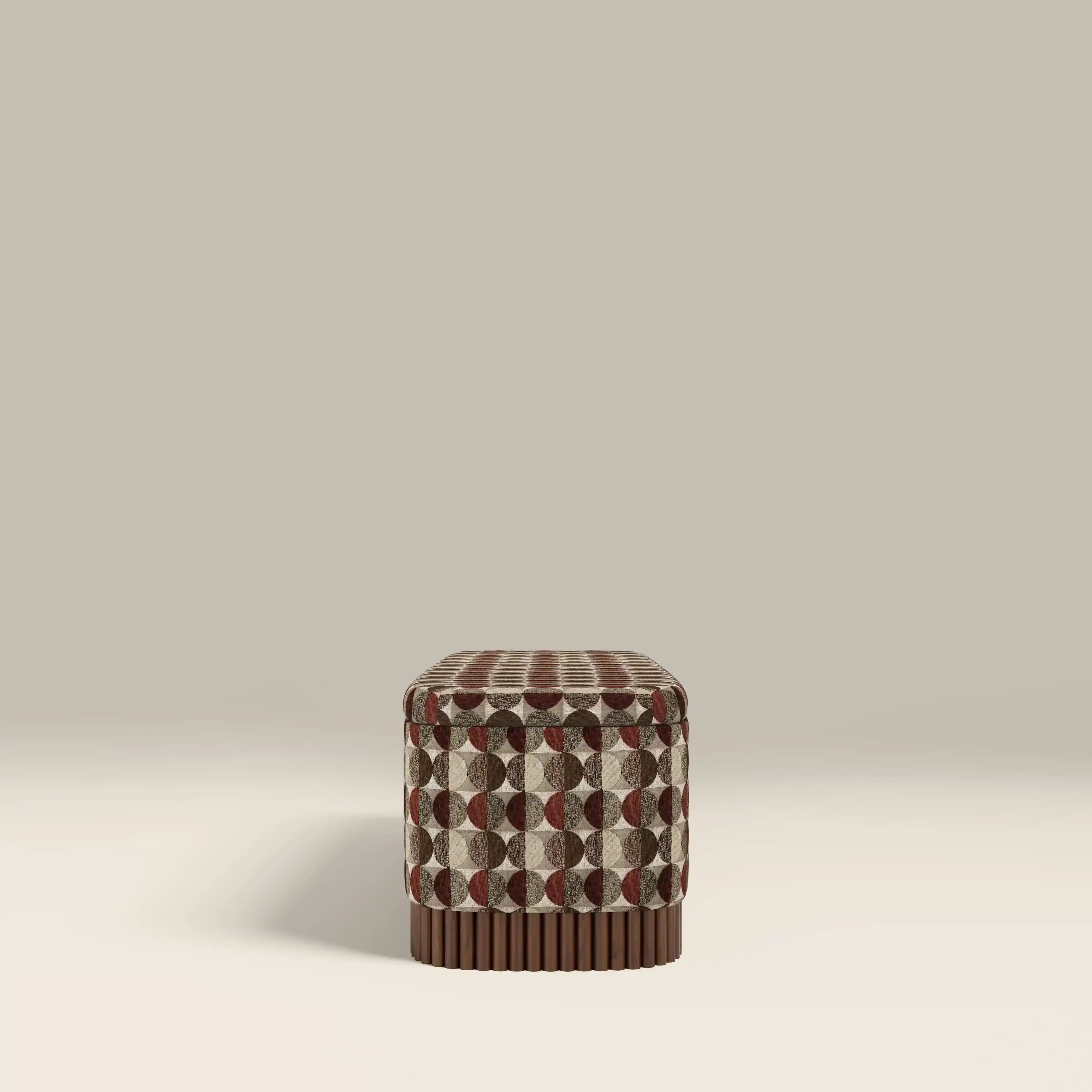 Oberon Storage Ottoman | Multicolour Orbis Patterned Fabric & Walnut