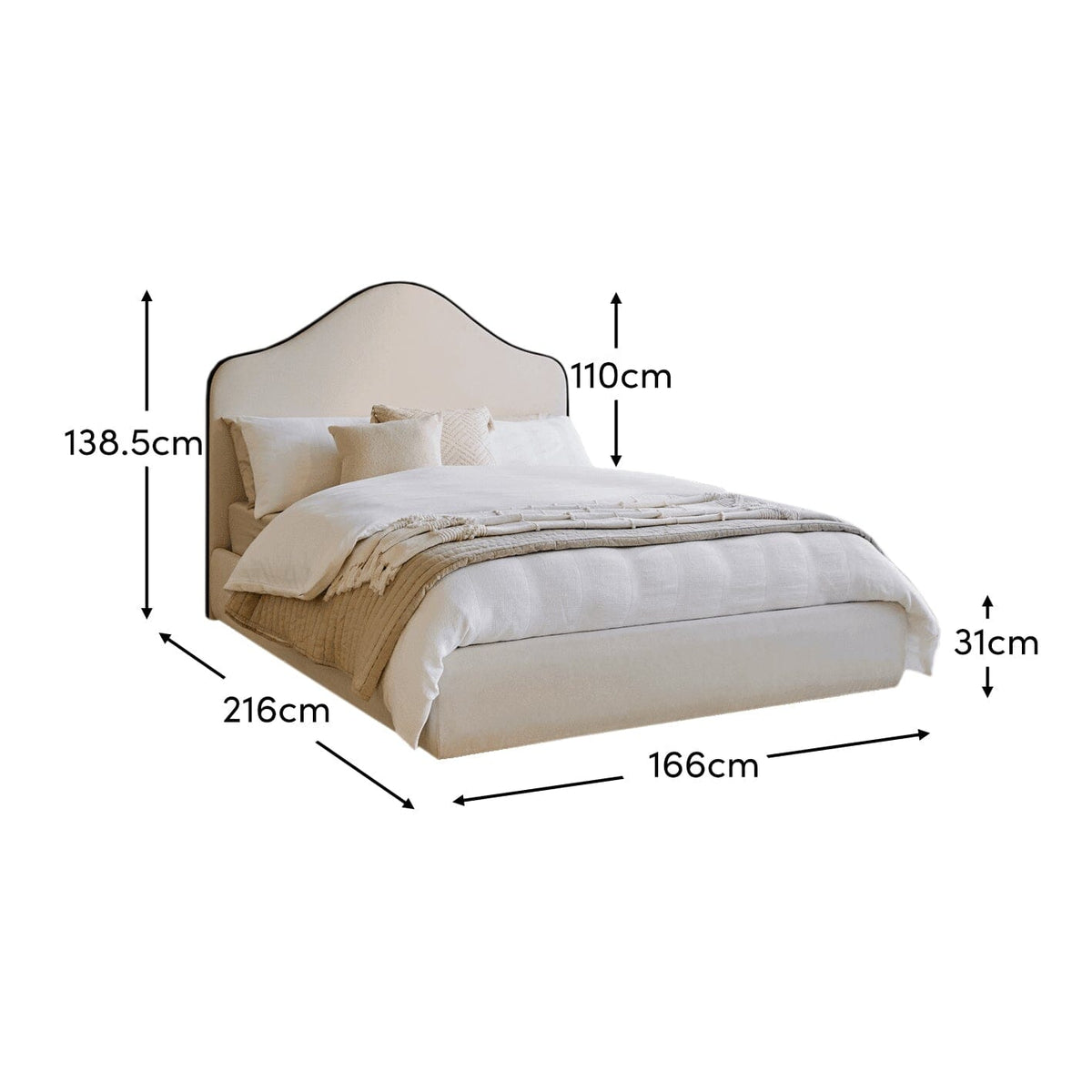 Odette King Size Ottoman Bed - Ivory - Jet Black Piping