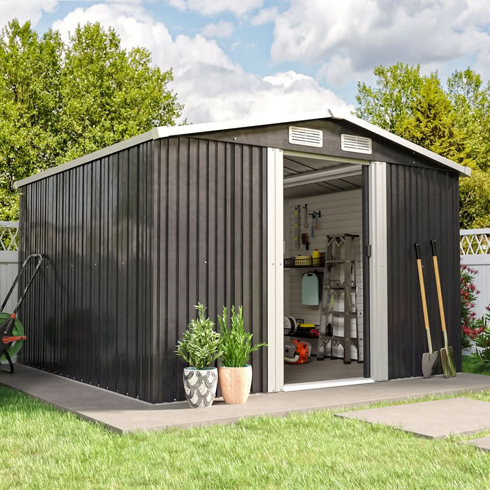 Waterproof 6x8/8x8/10x8/12x10ft Metal Shed with Gable Roof Charcoal Black/Green