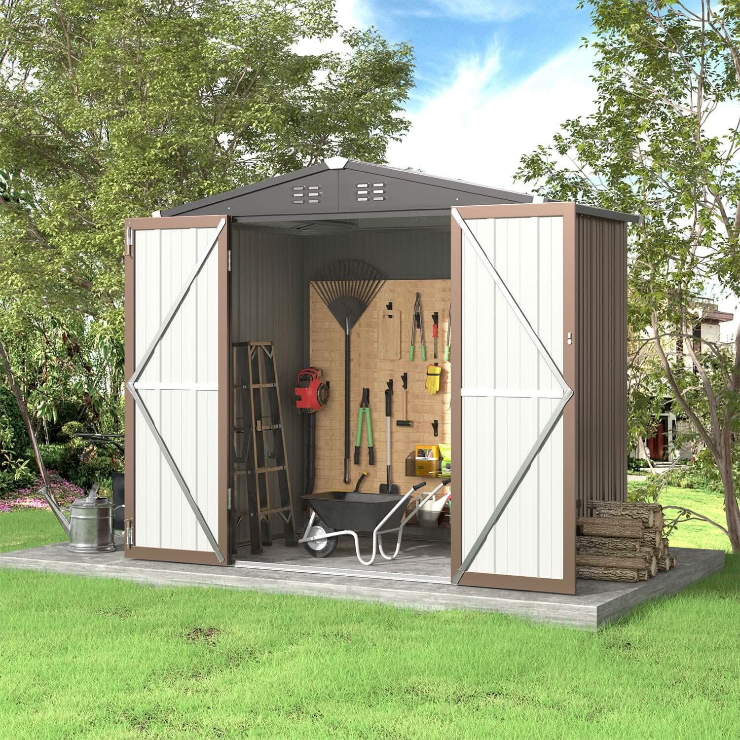 4 x6/ 5 x3 /6 x8 ft Metal Classic Lockable Tool Storage Bike Shed Brown Shed