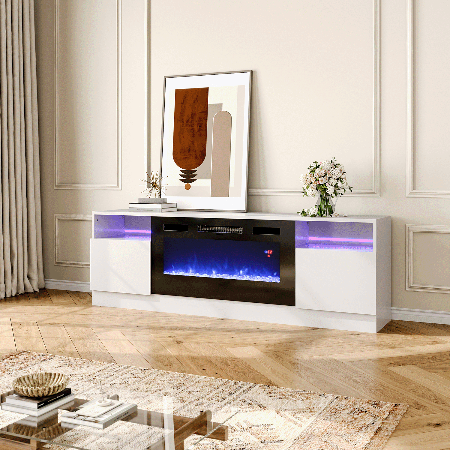 36 Inch Recessed Electric Fireplace TV Stand with Closed Storage