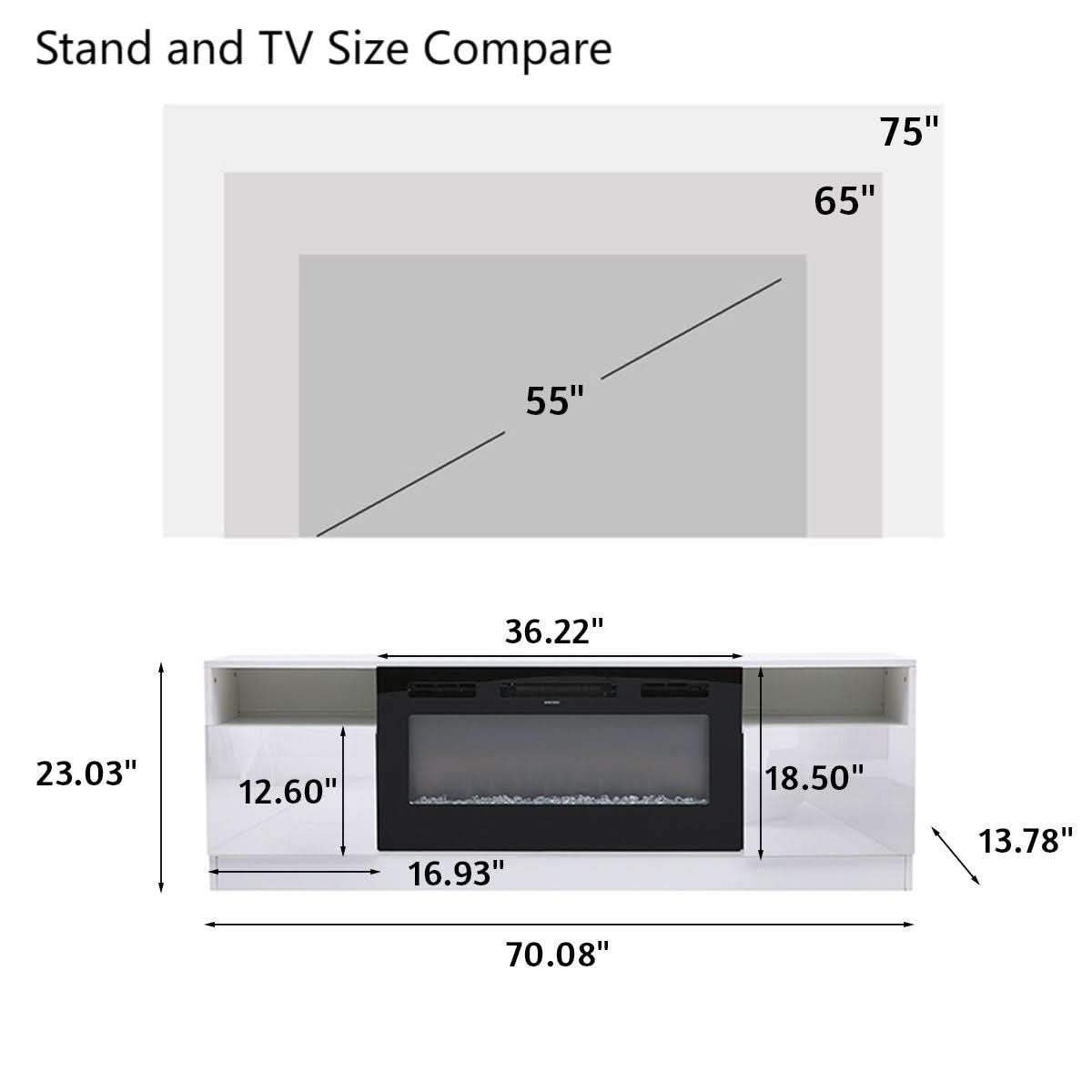 36 Inch Recessed Electric Fireplace TV Stand with Closed Storage