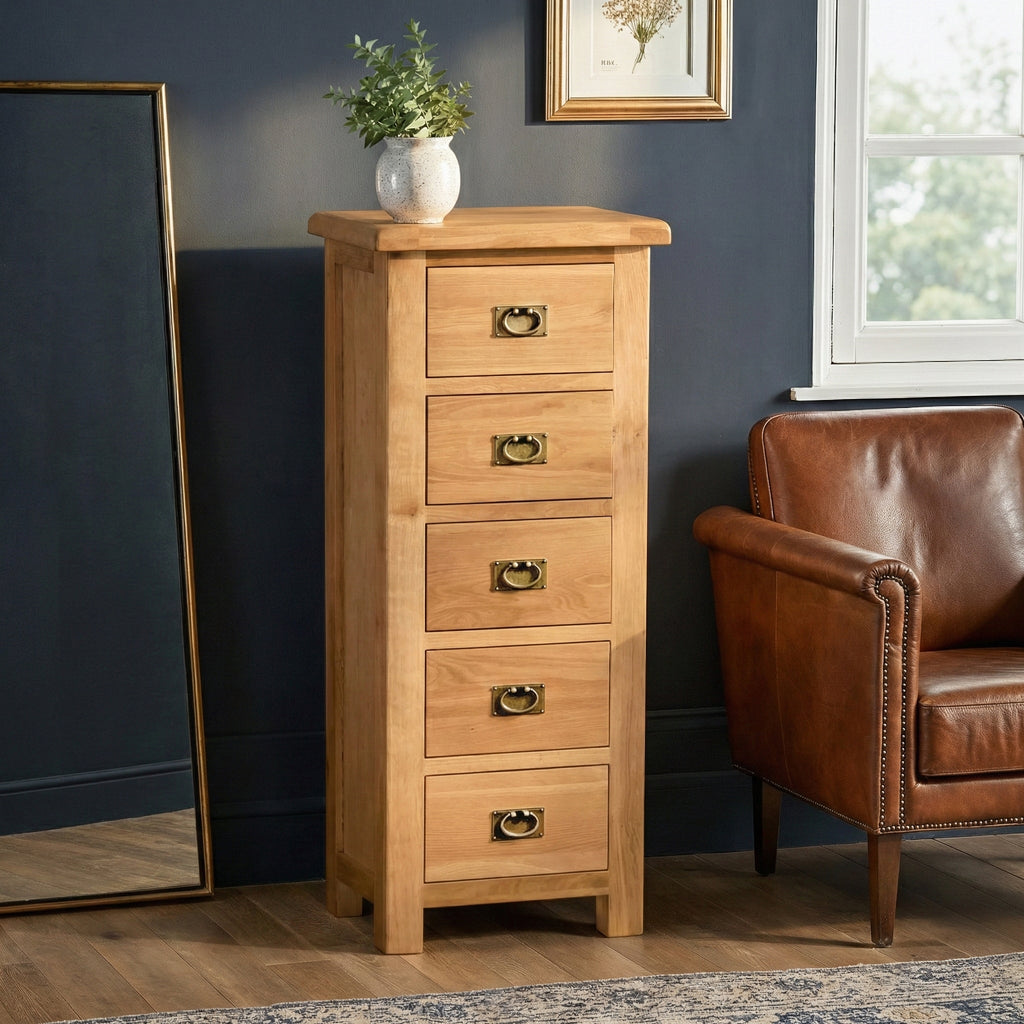 Zelah Oak 5 Drawer Tallboy Chest