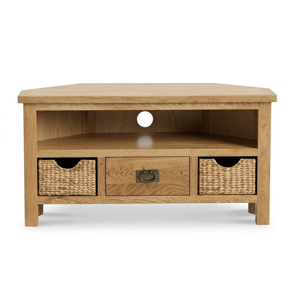 Surrey Oak Corner TV Stand with Baskets