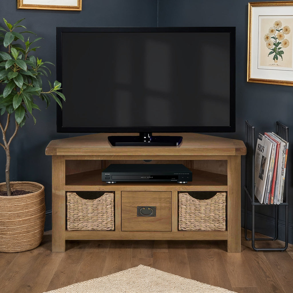 Zelah Oak Corner TV Stand with Baskets
