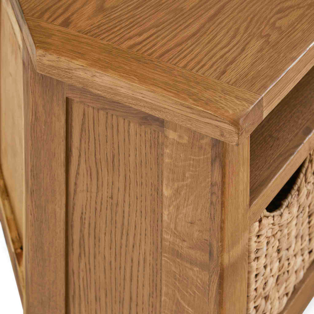 Zelah Oak Corner TV Stand with Baskets