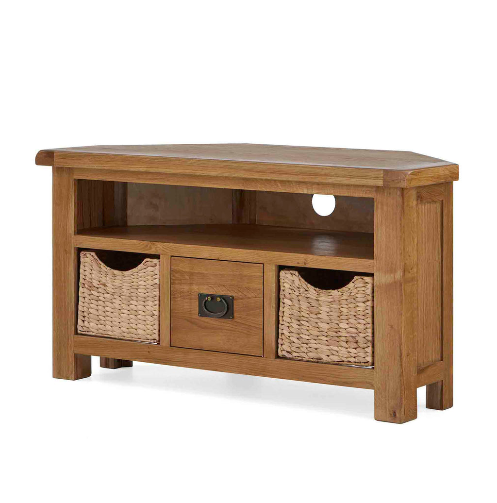Zelah Oak Corner TV Stand with Baskets