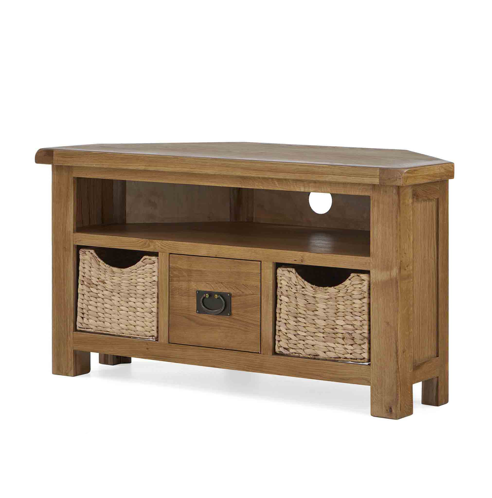 Zelah Oak Corner TV Stand with Baskets