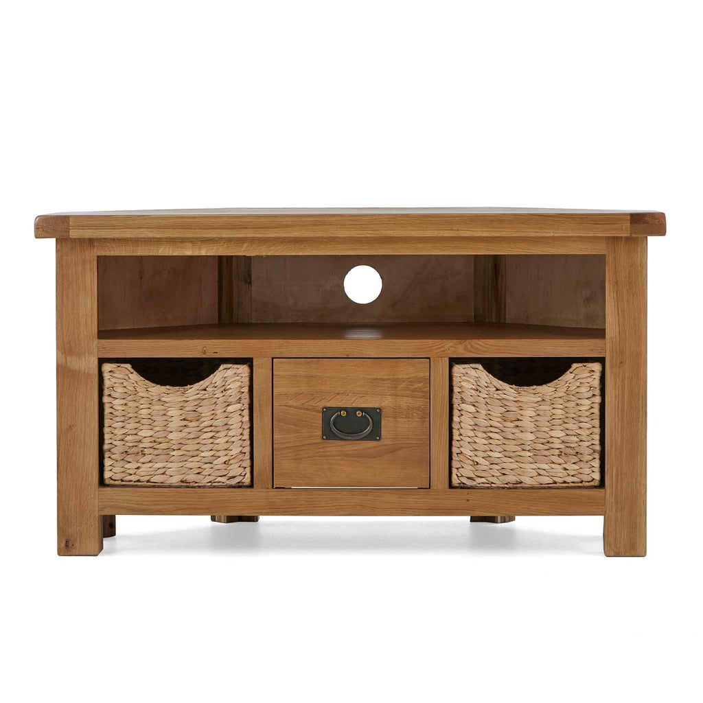 Zelah Oak Corner TV Stand with Baskets
