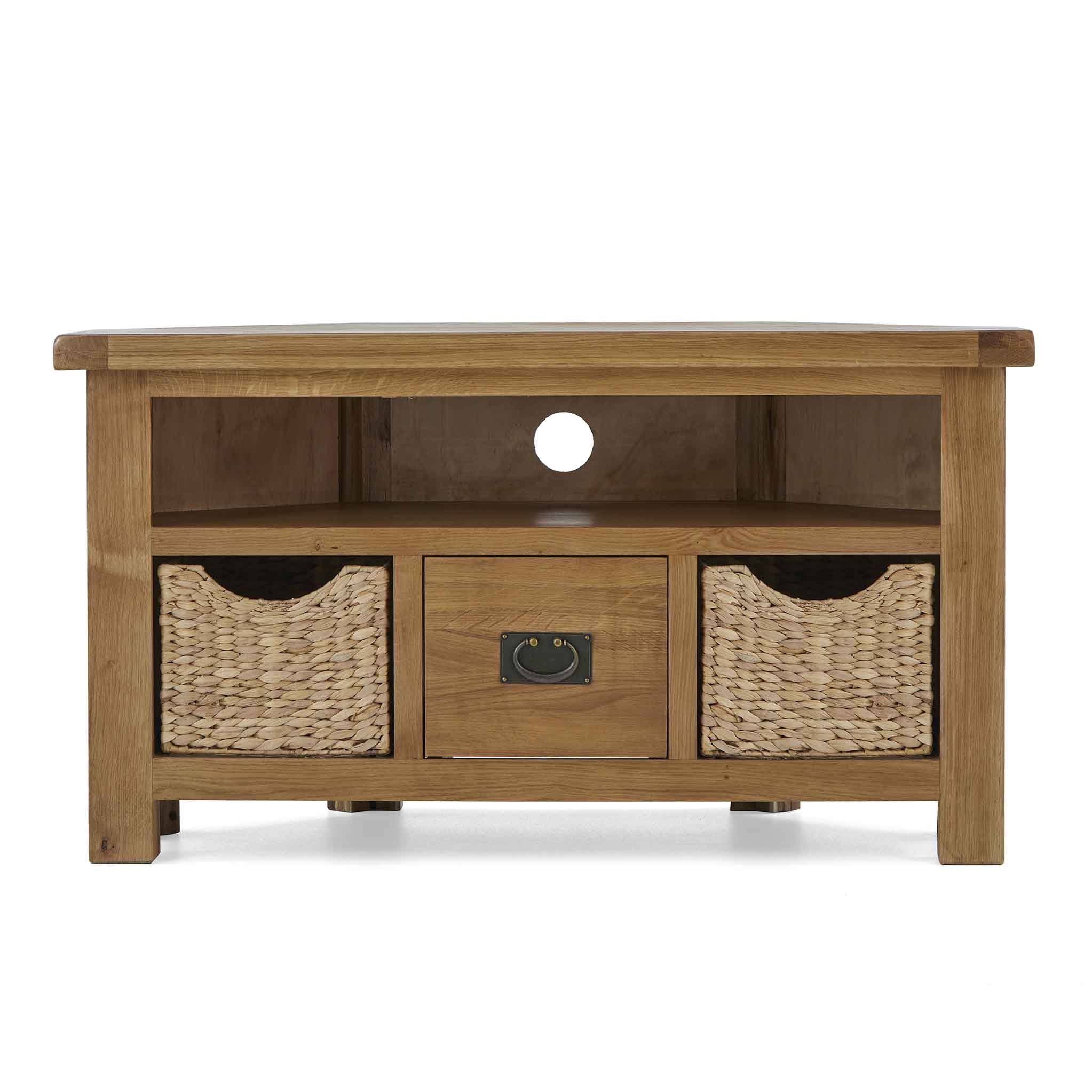 Zelah Oak Corner TV Stand with Baskets