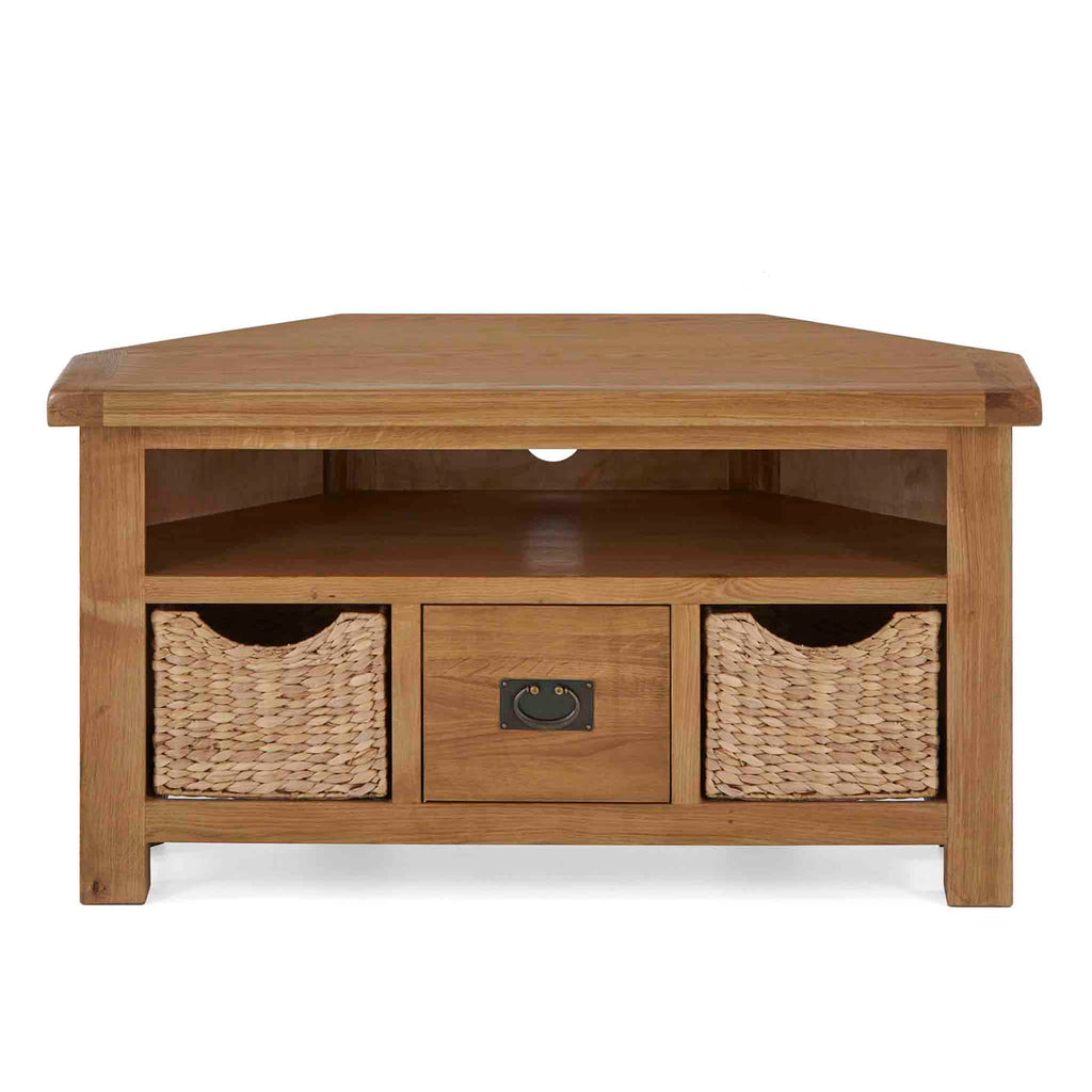 Zelah Oak Corner TV Stand with Baskets