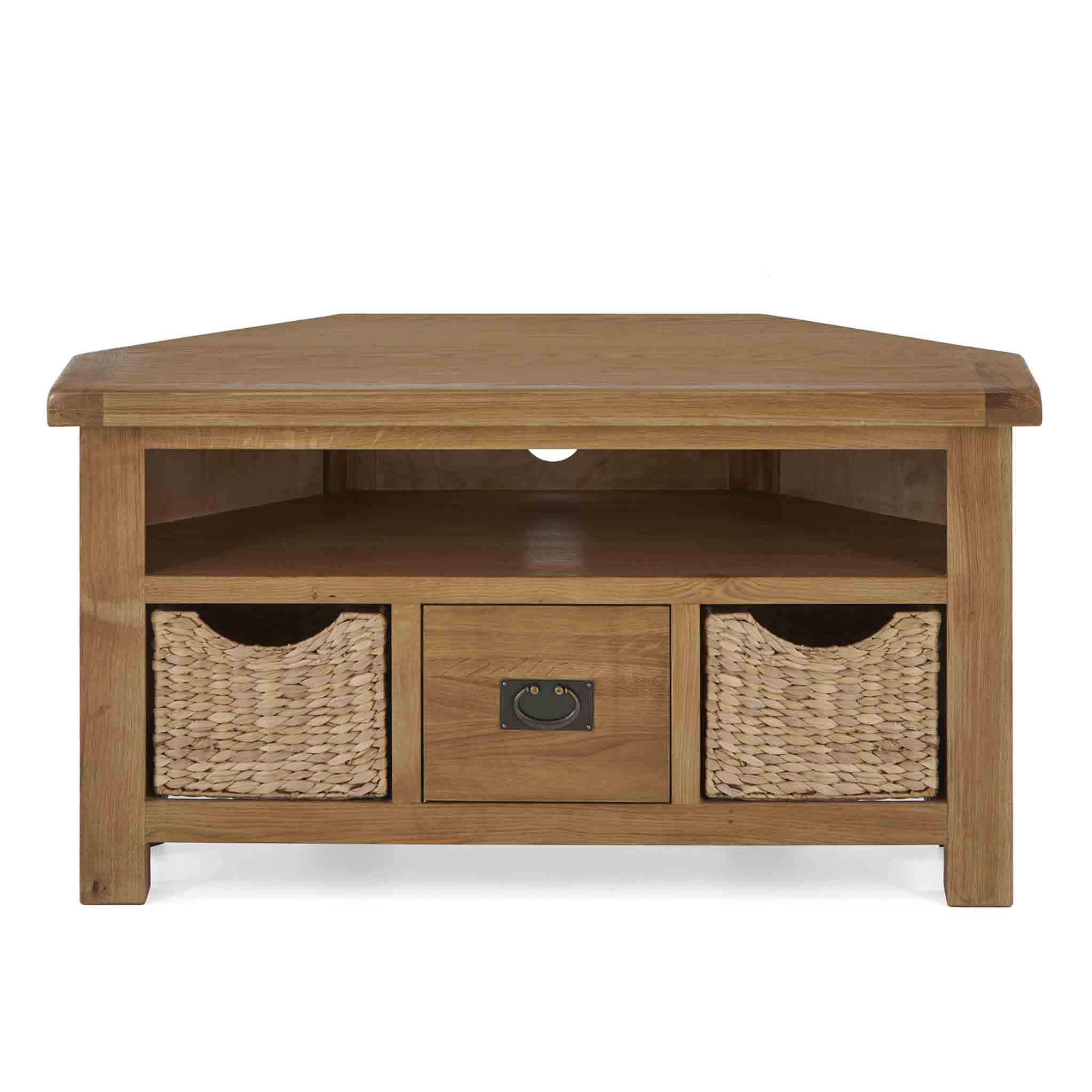 Zelah Oak Corner TV Stand with Baskets