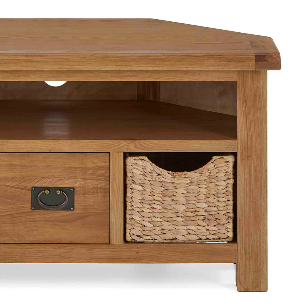 Zelah Oak Corner TV Stand with Baskets