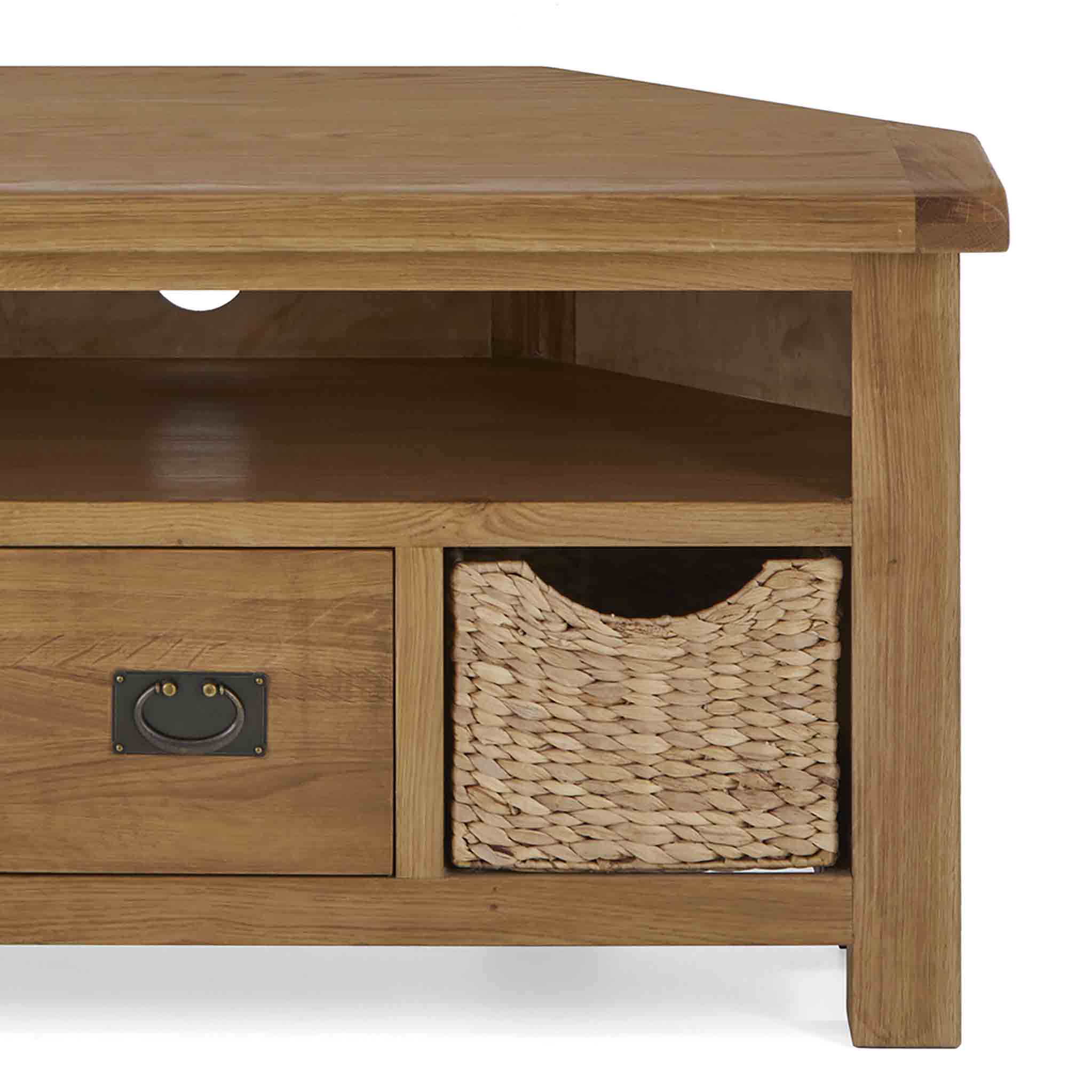 Zelah Oak Corner TV Stand with Baskets