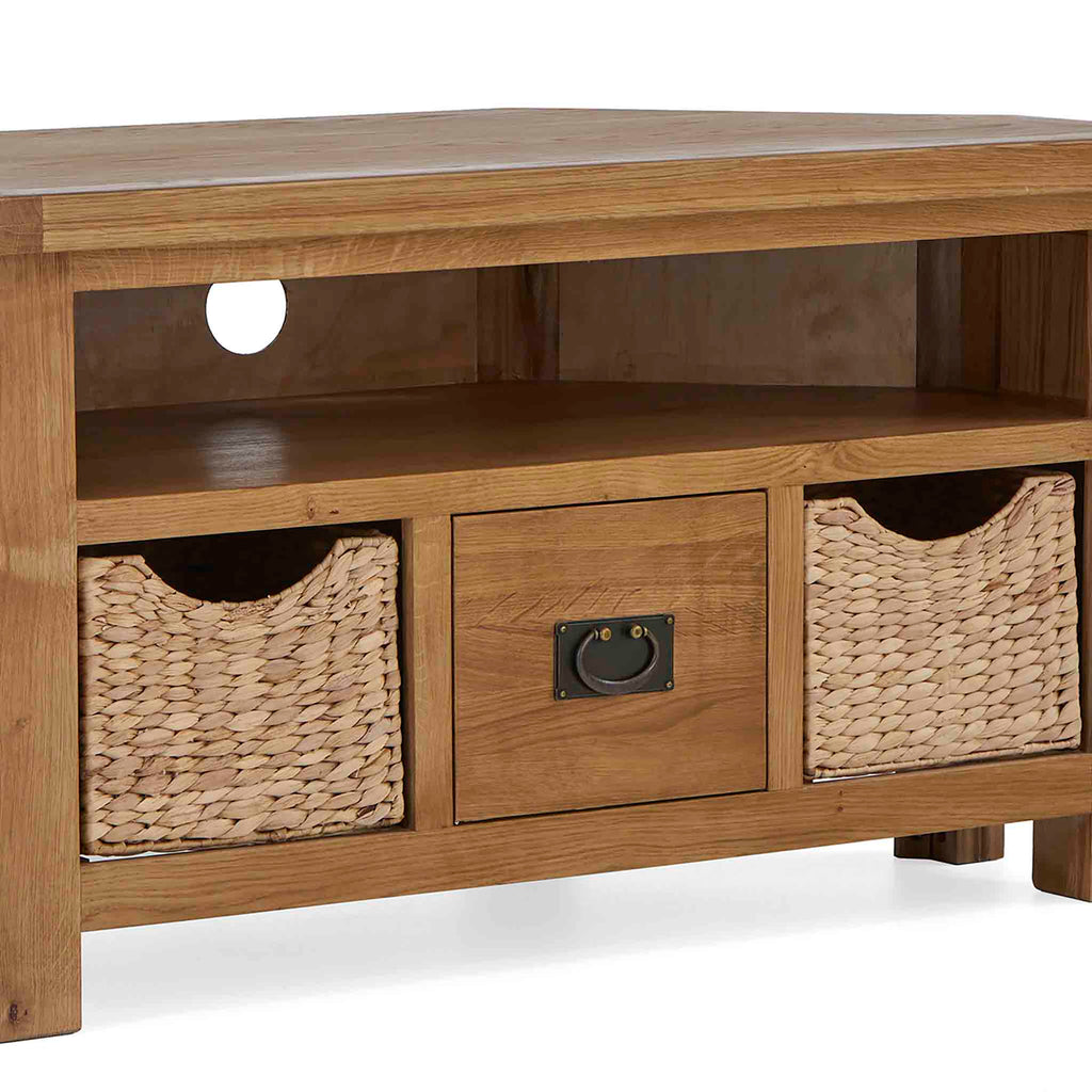 Zelah Oak Corner TV Stand with Baskets
