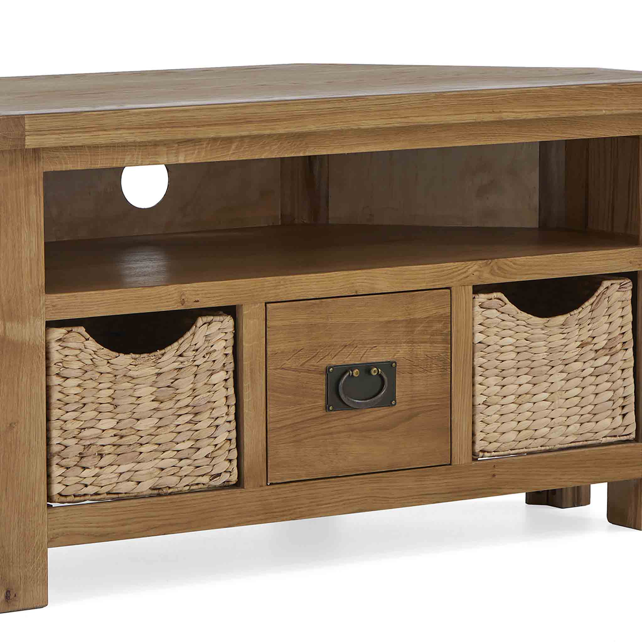 Zelah Oak Corner TV Stand with Baskets