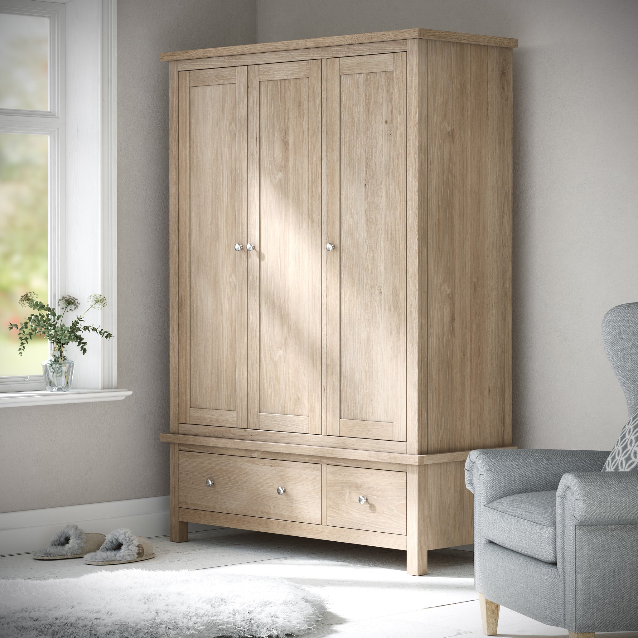 Farro Washed Oak Triple Wardrobe with Drawers