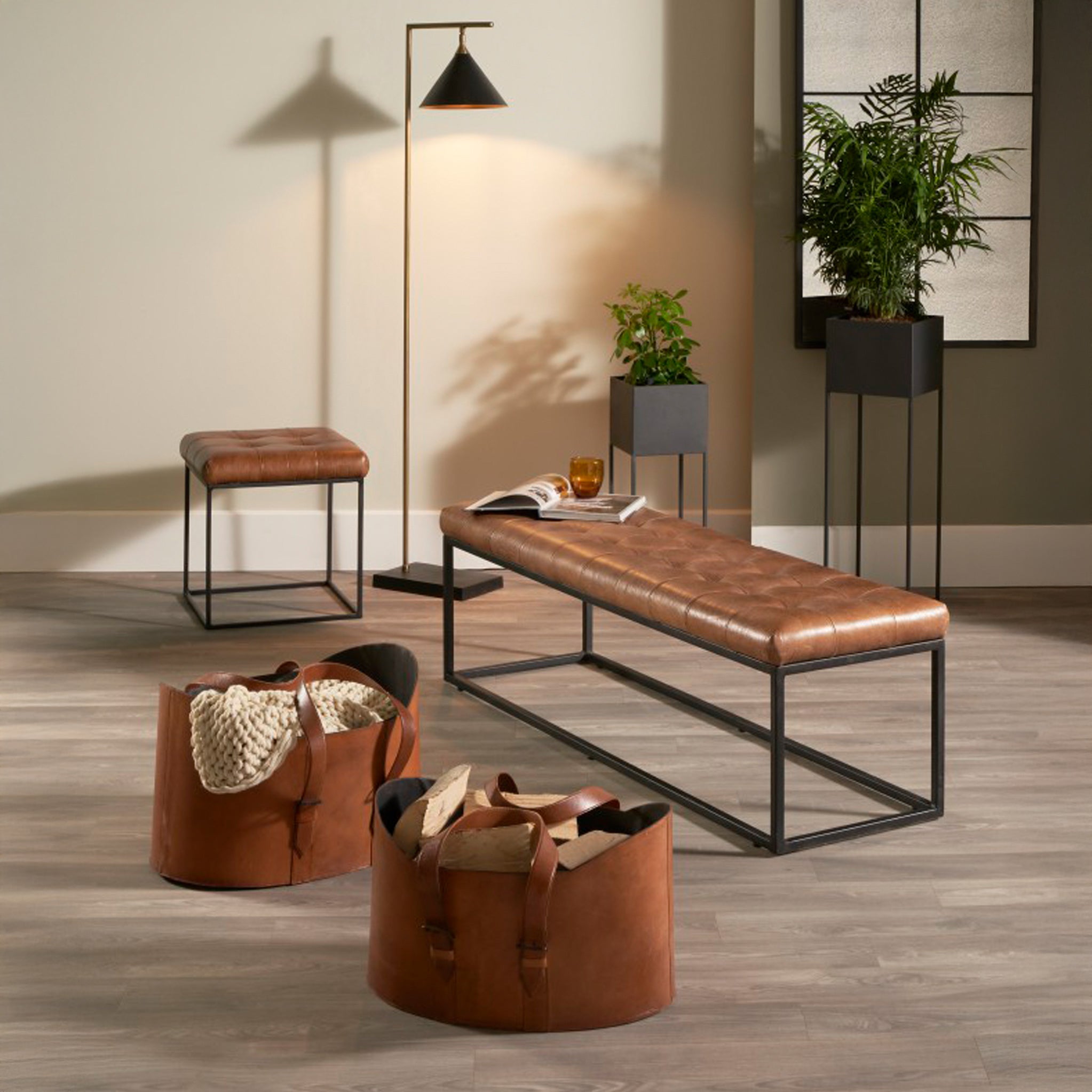Alessio Vintage Brown Leather Handled Storage Set of 2