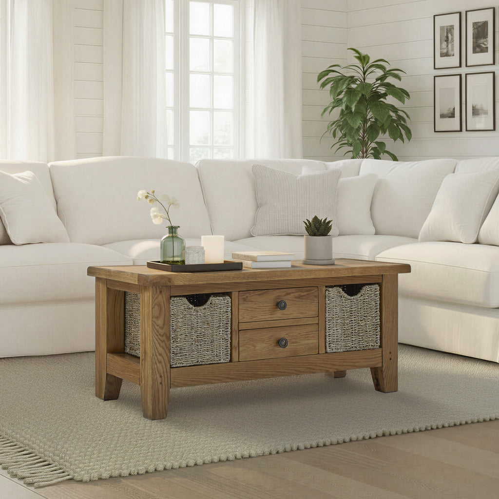 Broadway Oak Large Coffee Table with Baskets