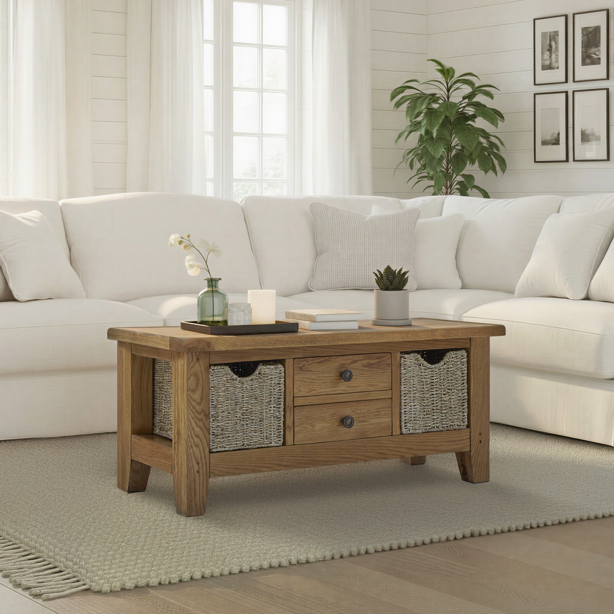 Broadway Oak Large Coffee Table with Baskets