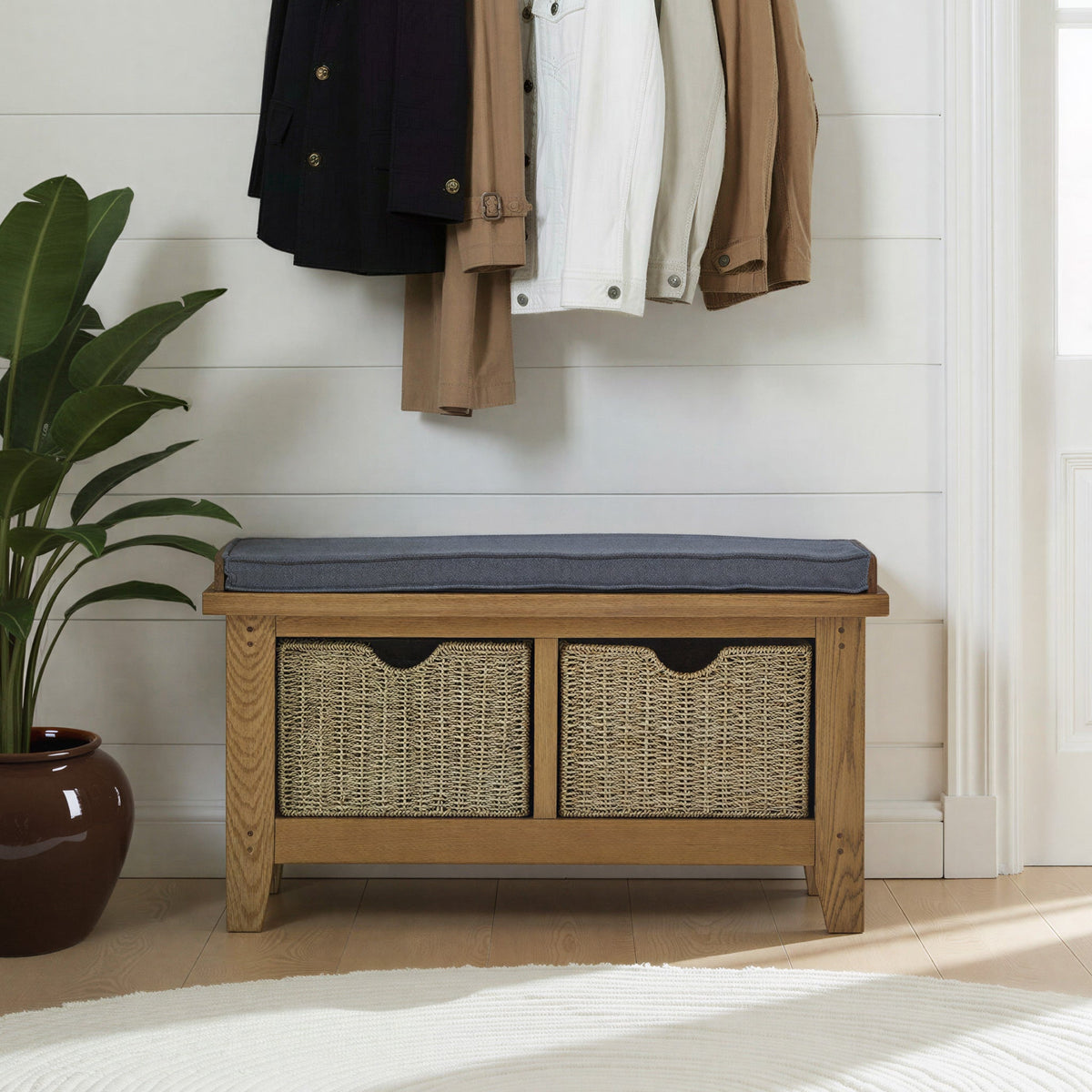 Broadway Oak Hallway Bench with Baskets