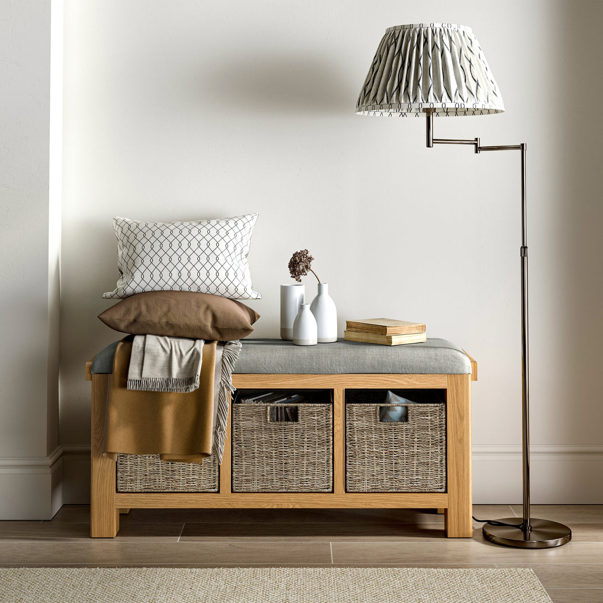 Portland Oak Storage Bench With Baskets