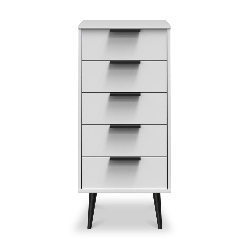 Asher White 5 Drawer Tallboy with Black Legs