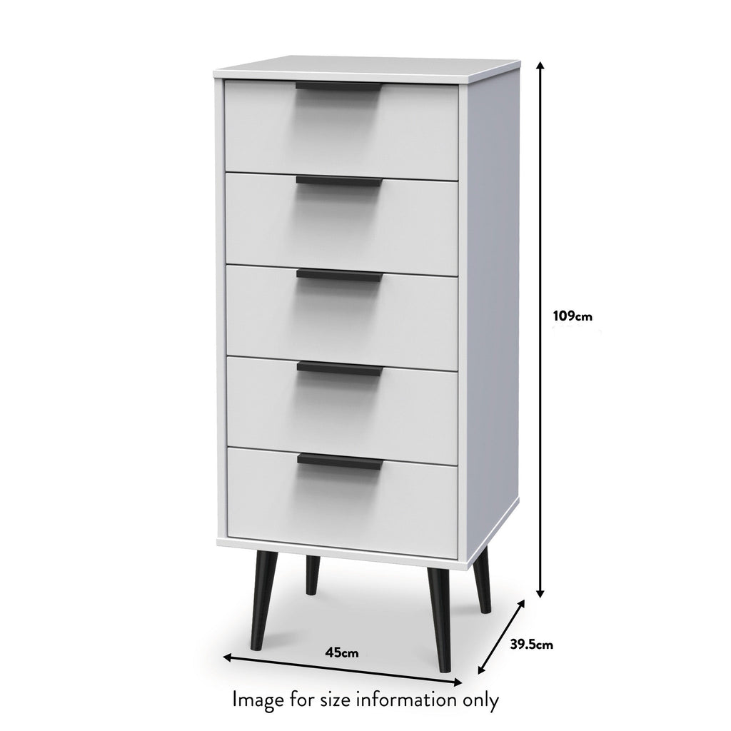 Asher White 5 Drawer Tallboy with Black Legs