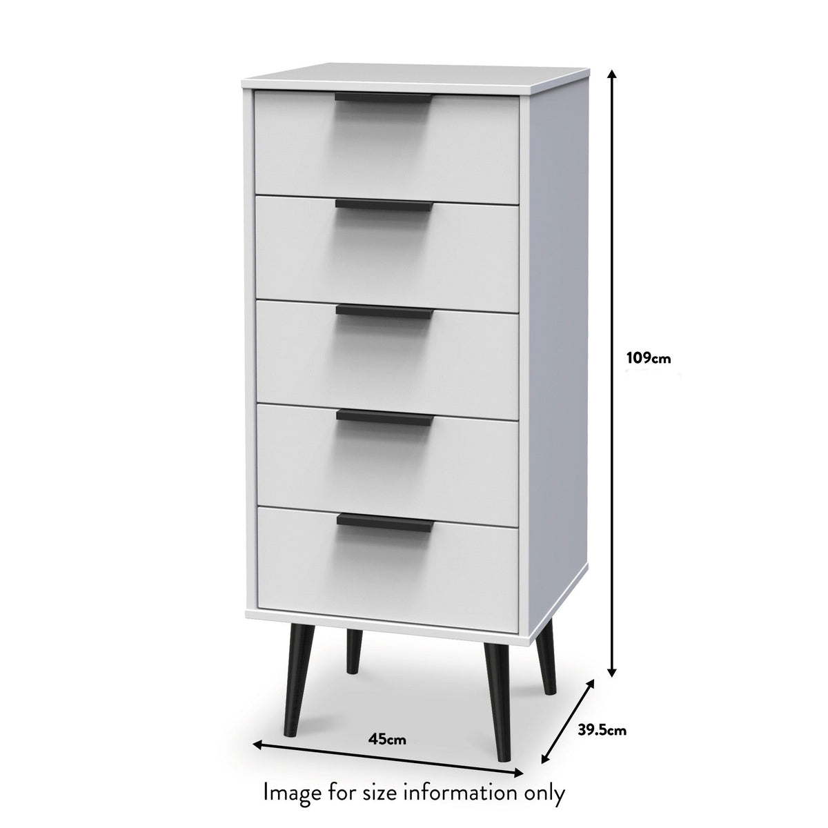 Asher White 5 Drawer Tallboy with Black Legs