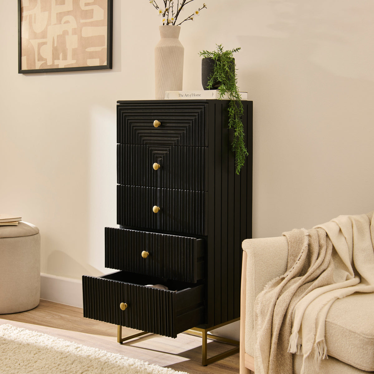 Rayna 5 Drawer Tallboy - Jet Black