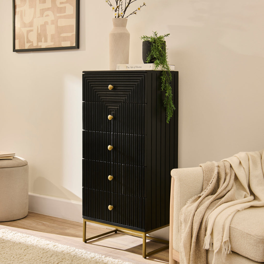Rayna 5 Drawer Tallboy - Jet Black
