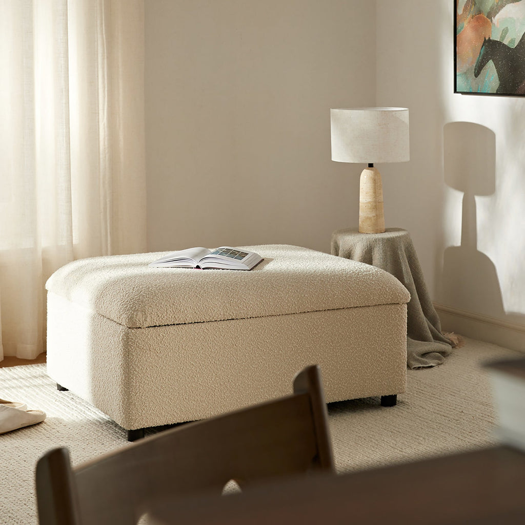 Magda Fold-Out Single Bed in an Ottoman, Beige Boucle