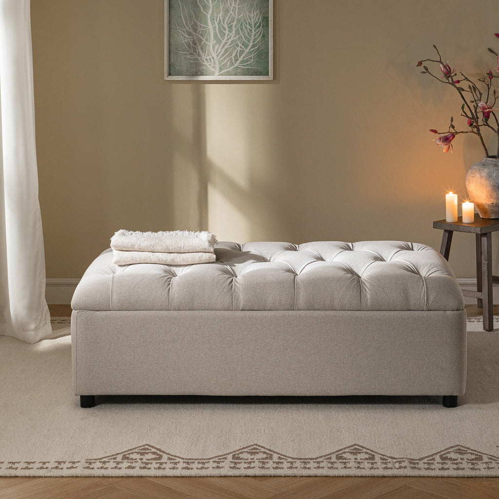 Portland Small Double Buttoned Fold-Out Bed in Ottoman, Beige Woven Fabric