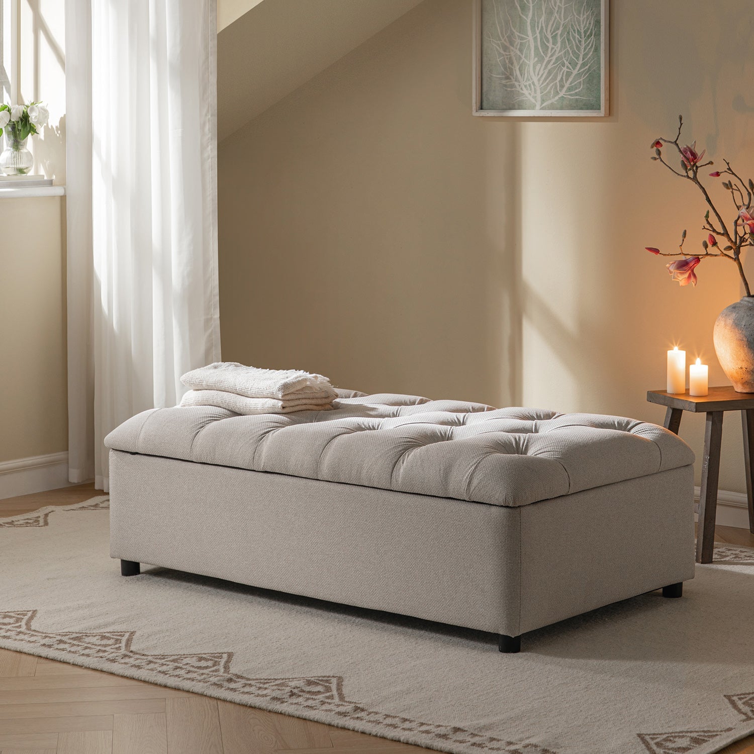 Portland Small Double Buttoned Fold-Out Bed in Ottoman, Beige Woven Fabric