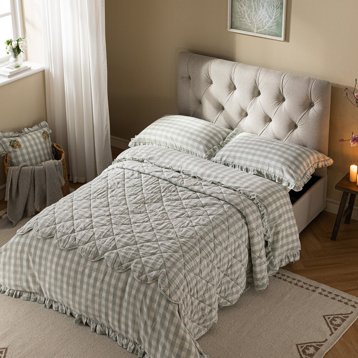 Portland Small Double Buttoned Fold-Out Bed in Ottoman, Beige Woven Fabric