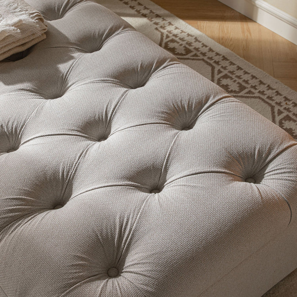 Portland Small Double Buttoned Fold-Out Bed in Ottoman, Beige Woven Fabric