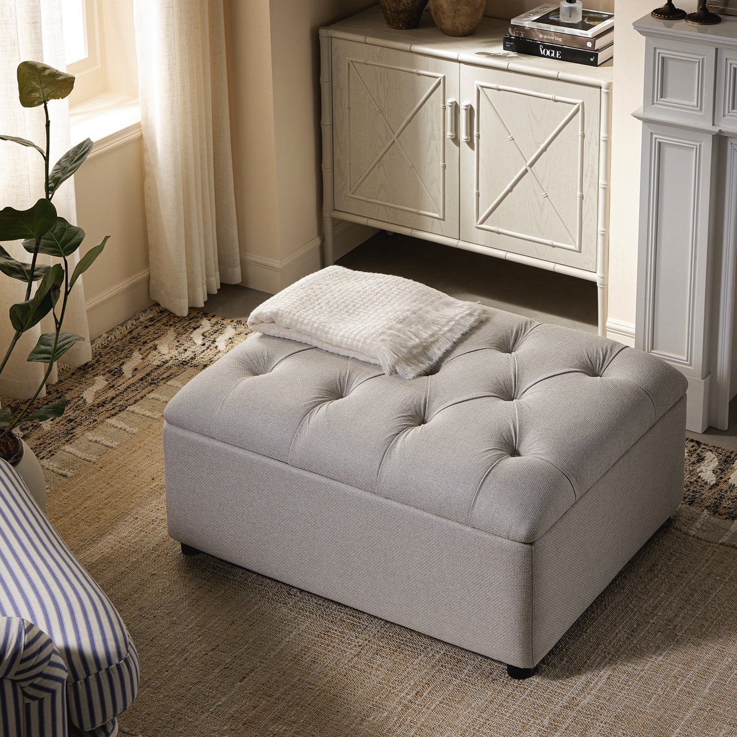 Portland Single Buttoned Fold-Out Bed in Ottoman, Beige Woven Fabric