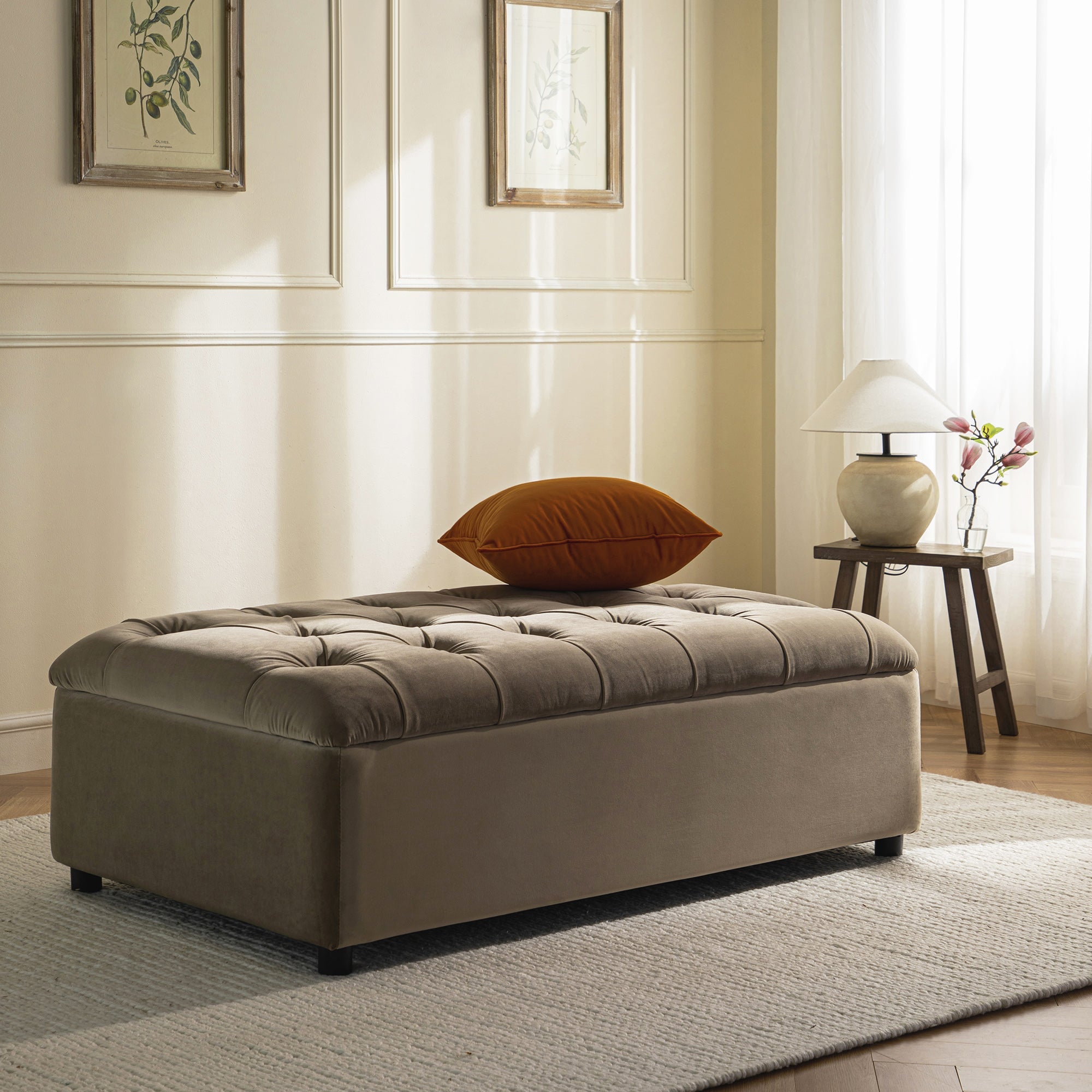 Portland Small Double Buttoned Fold-Out Bed in Ottoman, Mink Velvet
