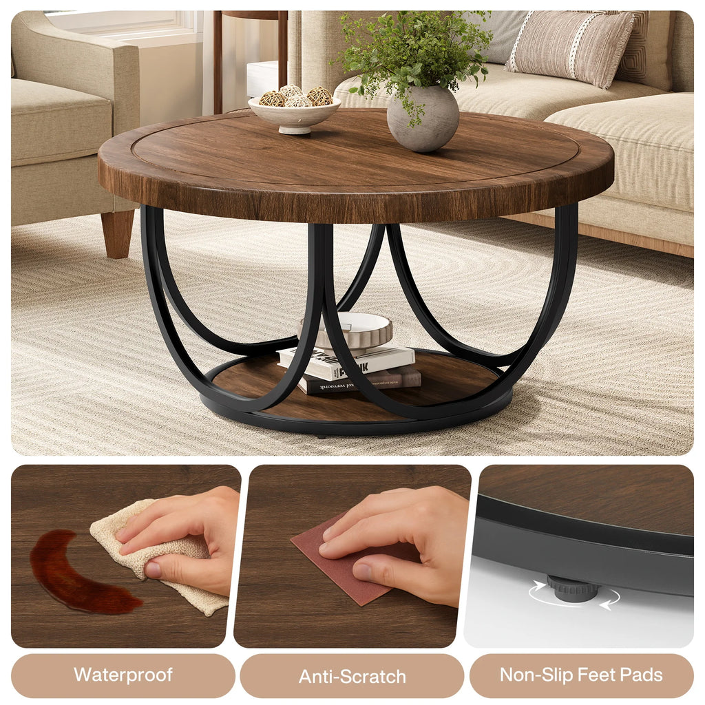 Tribesigns Round Coffee Table with 2 Tiers, 80 cm Wooden Circle Accent Cocktail Table with Storage Shelf and Metal Frame