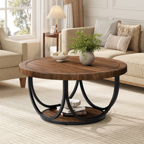 Tribesigns Round Coffee Table with 2 Tiers, 80 cm Wooden Circle Accent Cocktail Table with Storage Shelf and Metal Frame