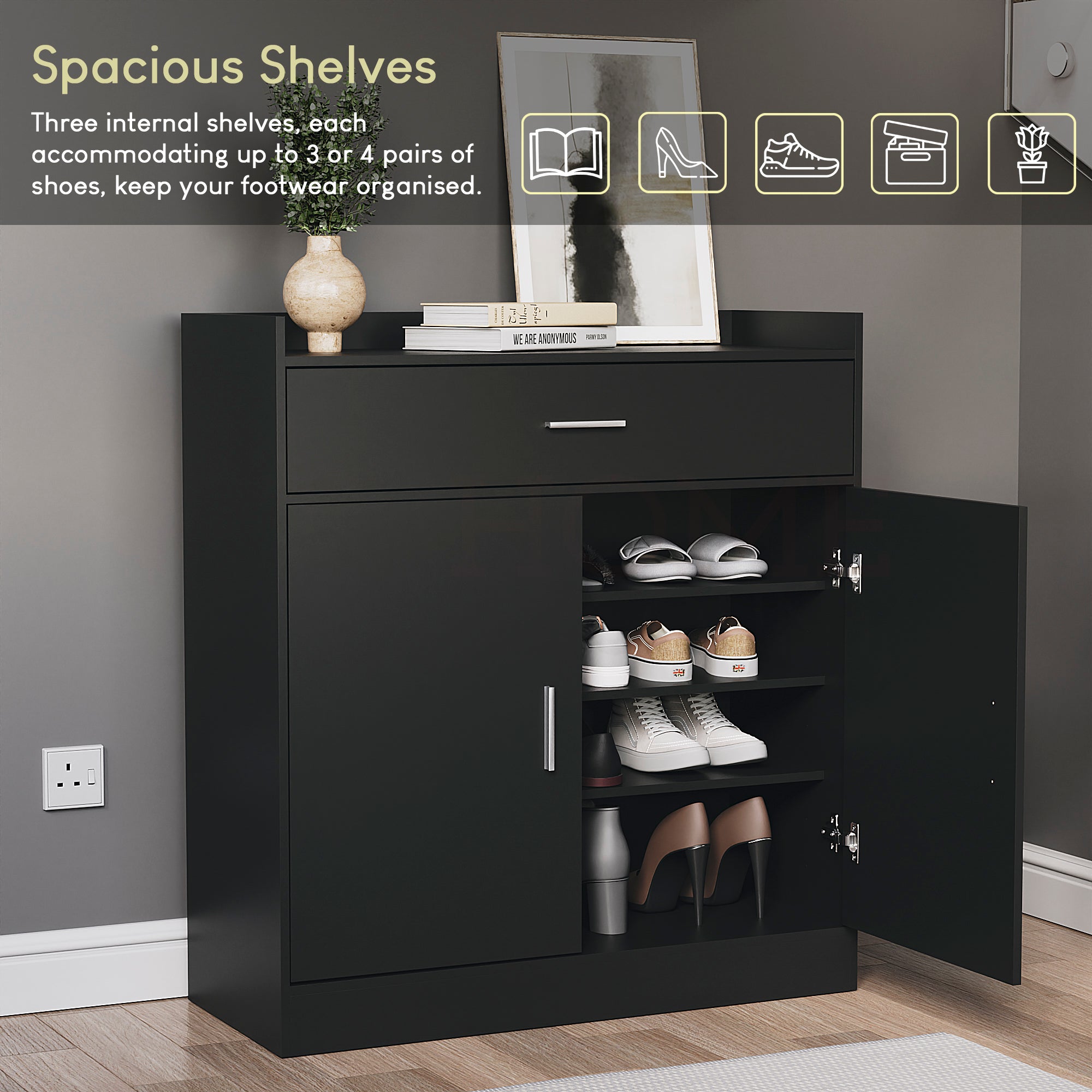 Dalby 2-Door 1-Drawer Shoe Cabinet, Black