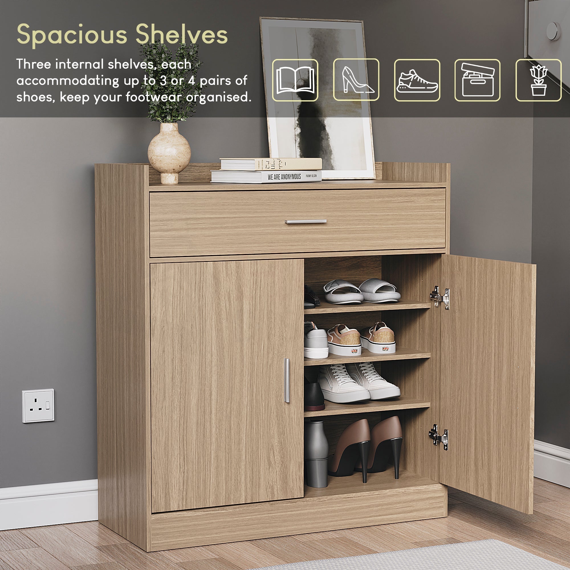 Dalby 2-Door 1-Drawer Shoe Cabinet, Oak