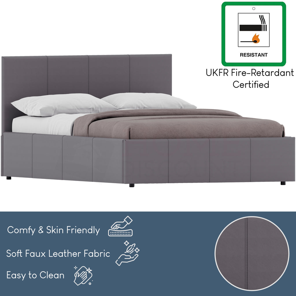 Lisbon Double Ottoman Faux Leather Bed, Grey UKFR