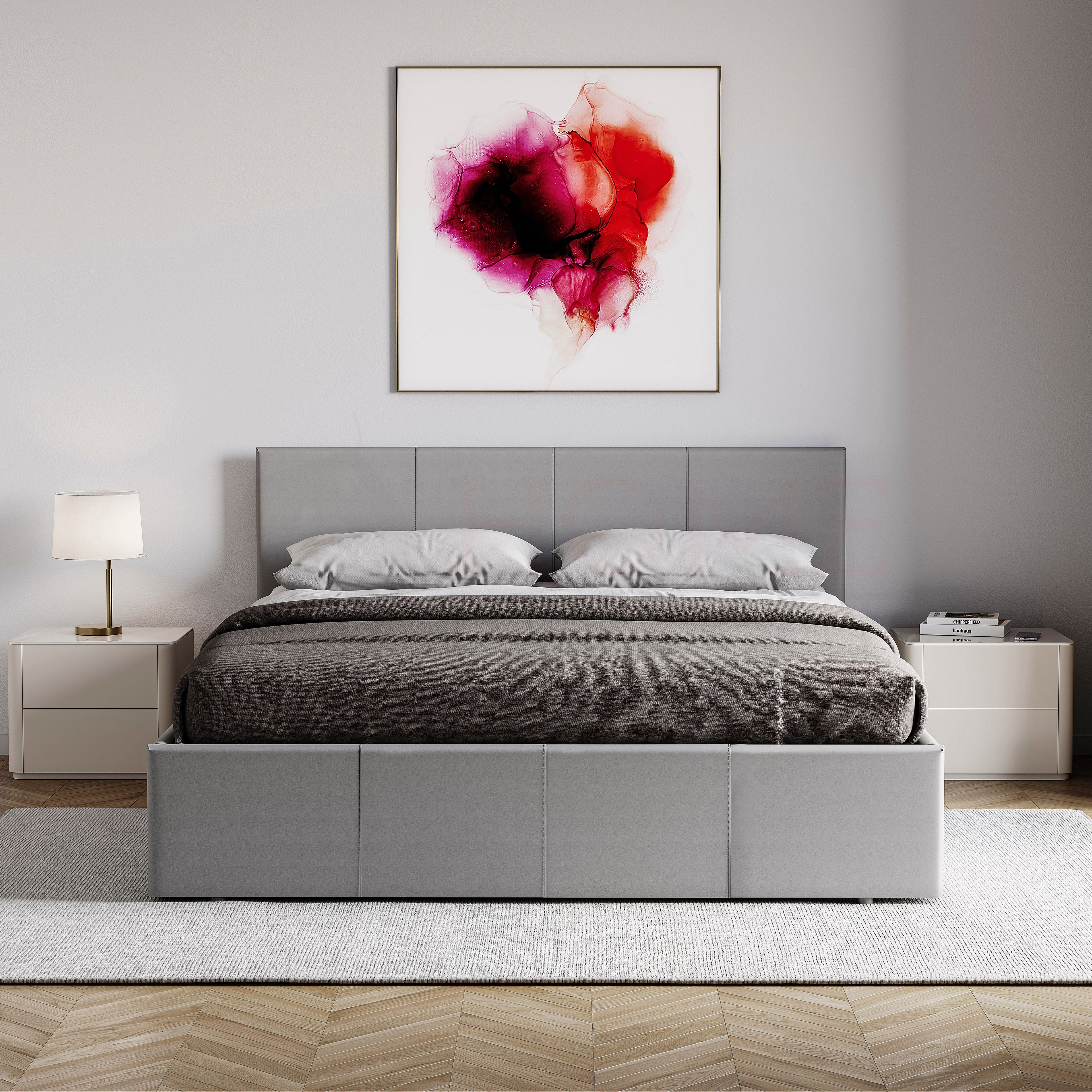 Lisbon Double Ottoman Faux Leather Bed, Grey UKFR
