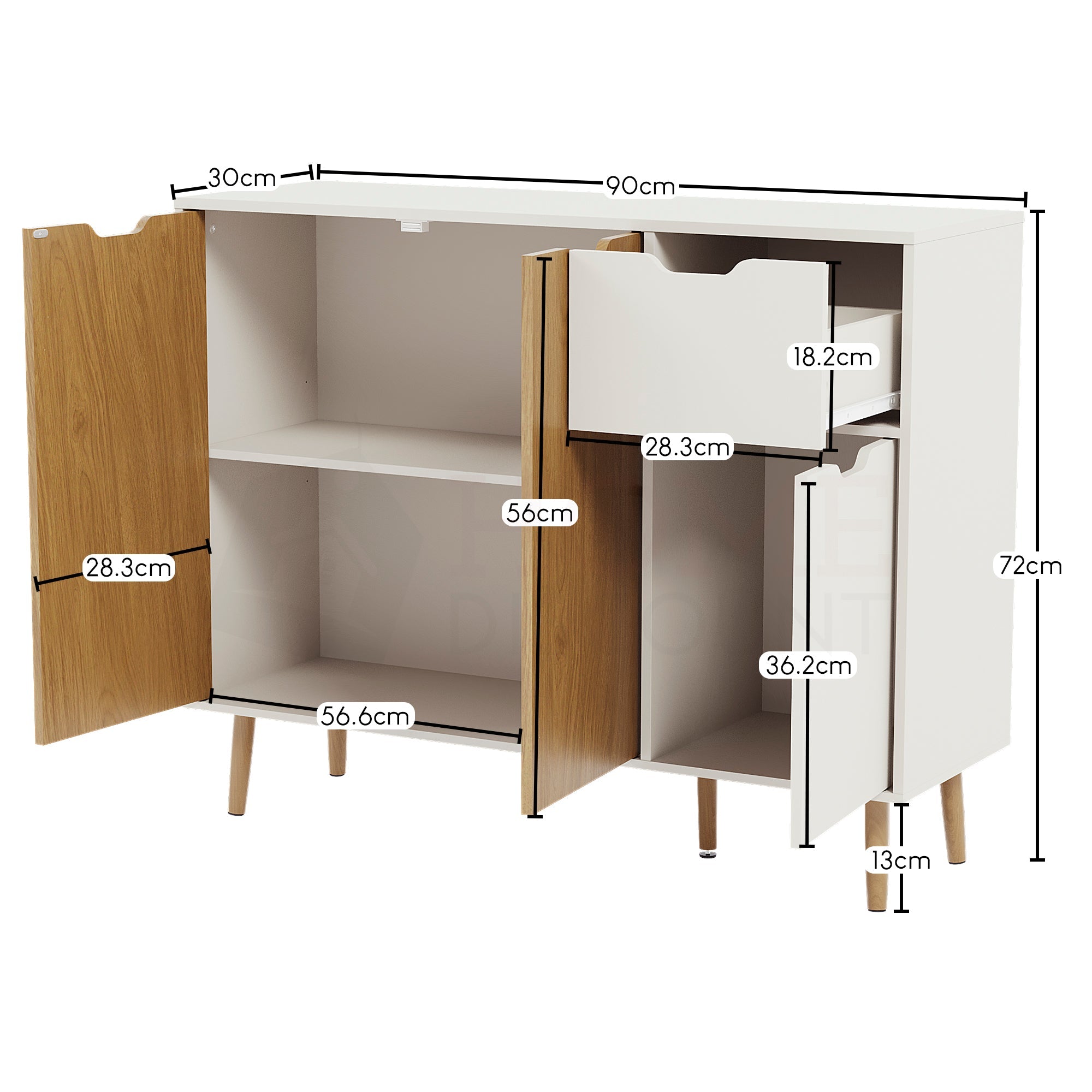 3 Door 1 Drawer Sideboard, Oak & White