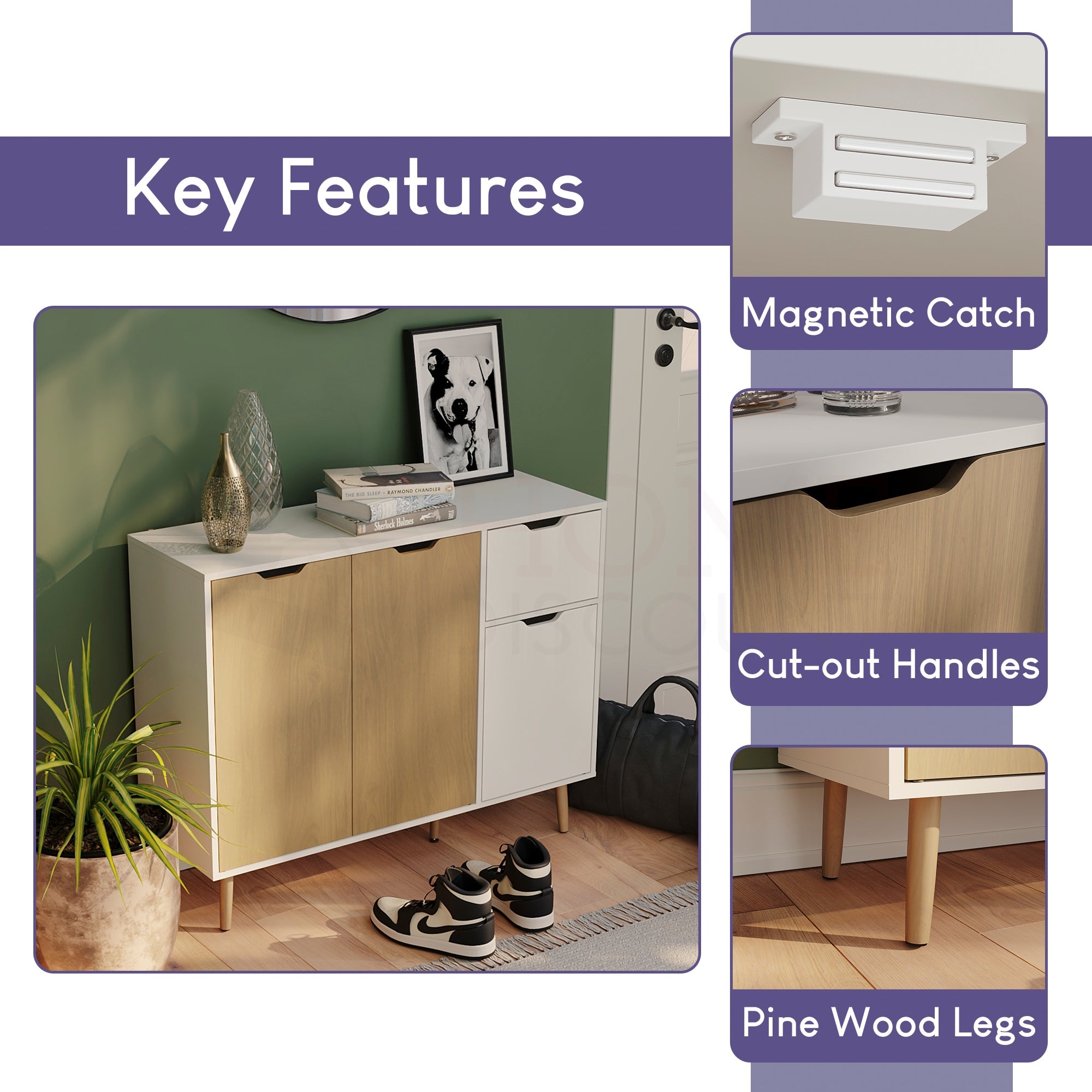 3 Door 1 Drawer Sideboard, Oak & White