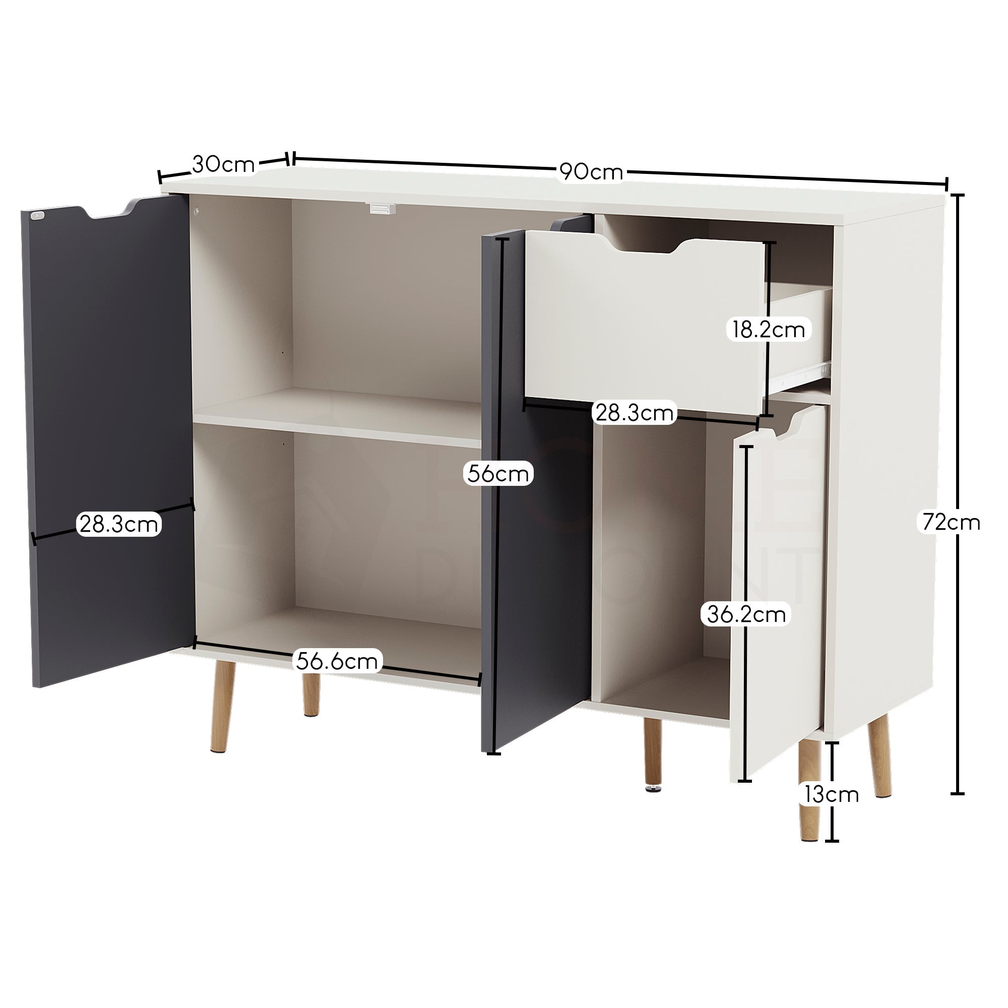 3 Door 1 Drawer Sideboard, Grey & White