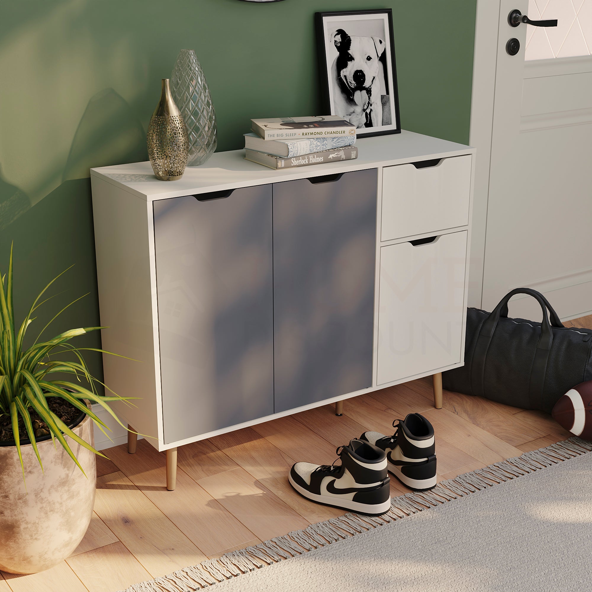 3 Door 1 Drawer Sideboard, Grey & White